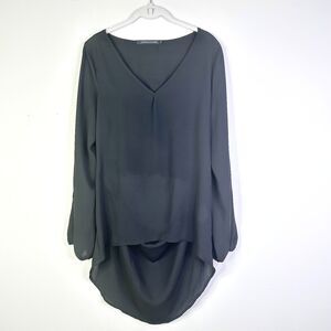 Haoduoyi Blouse Women L Black Chiffon V-neck Long Split Slv Open Back Lace Boho